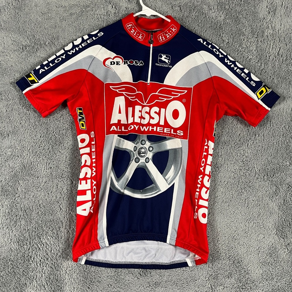 Vtg Giordana Alessio Alloy Wheels Cycling Jersey Mens M Multi 1/4 Zip Pullover